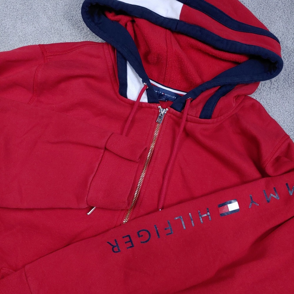 Tommy Hilfiger Full Zip Hoodie - WOMEN'S 2X - Red Logo Sleeve Drawstring Fleece
